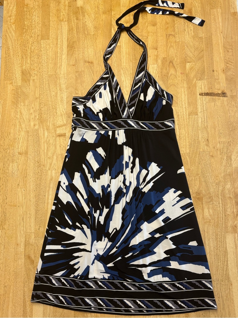 EUC VTG BCBG MaxAzria Halter Sun Dress in Black White & Navy w/Striped Detailing